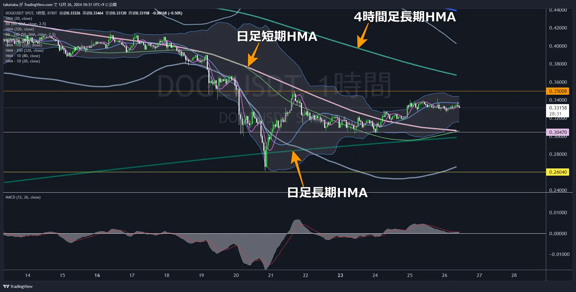 ドージコイン（DOGE）-1時間足チャート分析2024年12月26日
短期的な下落の可能性が高い