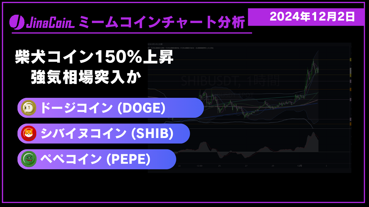 柴犬コイン150%の上昇　ミームコインチャート分析：ドージコイン、シバイヌコイン、ぺぺコイン