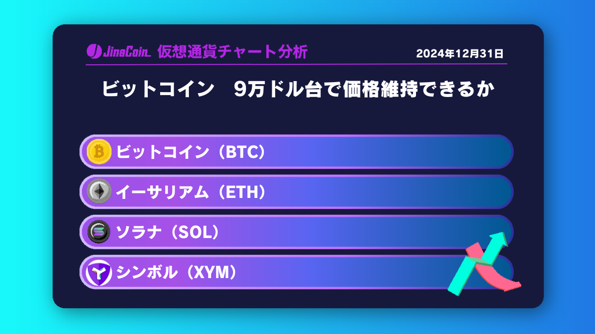 ビットコイン（BTC）、イーサリアム（ETH）、ソラナ（SOL）、シンボル（XYM）仮想通貨チャート分析　2024年12月31日