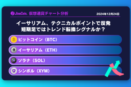 イーサリアム、テクニカルポイントで反発 短期足ではトレンド転換シグナルか？ 仮想通貨チャート分析：ビットコイン、イーサリアム、ソラナ、シンボル　2024年12月24日