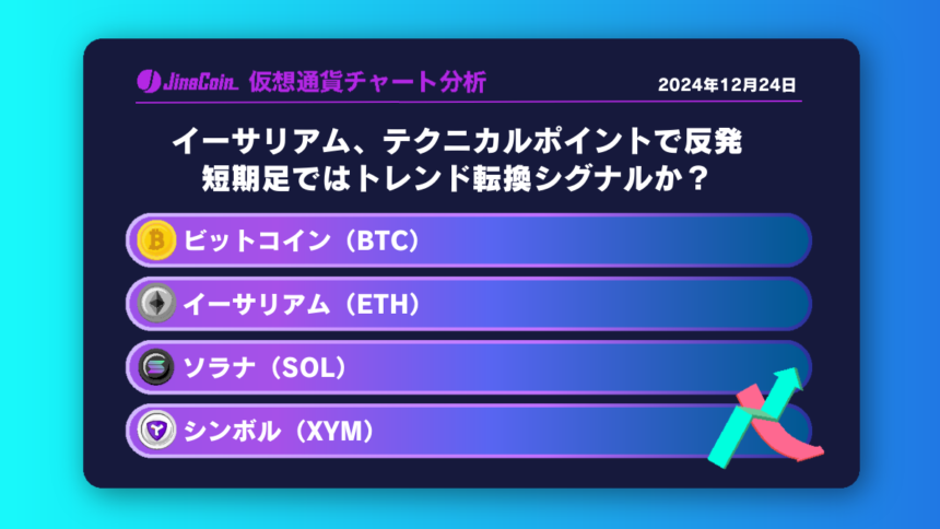 イーサリアム、テクニカルポイントで反発 短期足ではトレンド転換シグナルか？ 仮想通貨チャート分析：ビットコイン、イーサリアム、ソラナ、シンボル　2024年12月24日