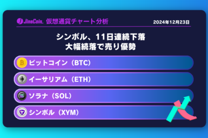 シンボル（XYM）、11日連続下落 大幅続落で売り優勢 ビットコイン（BTC）、イーサリアム（ETH）、ソラナ（SOL）、シンボル（XYM）仮想通貨チャート分析　2024年12月23日