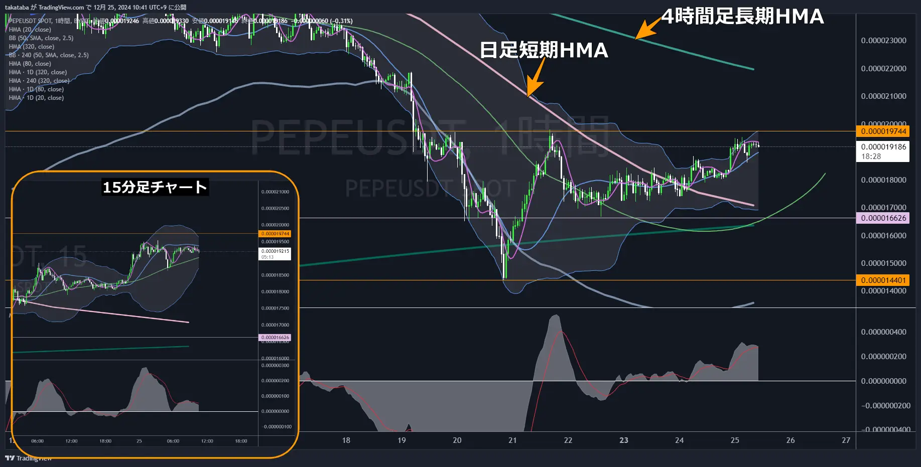 ペペコイン（PEPE）-1時間足チャート分析2024年12月25日
ダイバージェンス、上昇の勢い減少