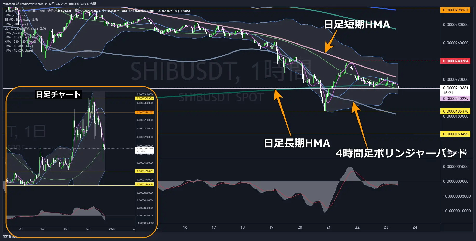 SHIBUSDT（柴犬コイン）1時間足チャート分析2024年12月23日
0.0000185370ドル付近まで再度下落する可能性大