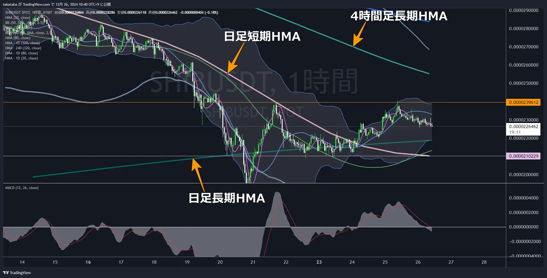 柴犬コイン（SHIB）‐1時間足チャート分析2024年12月26日
中期的なレンジ相場突入か