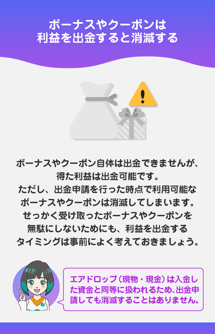 ボーナス・クーポンなどは出金申請すると消滅