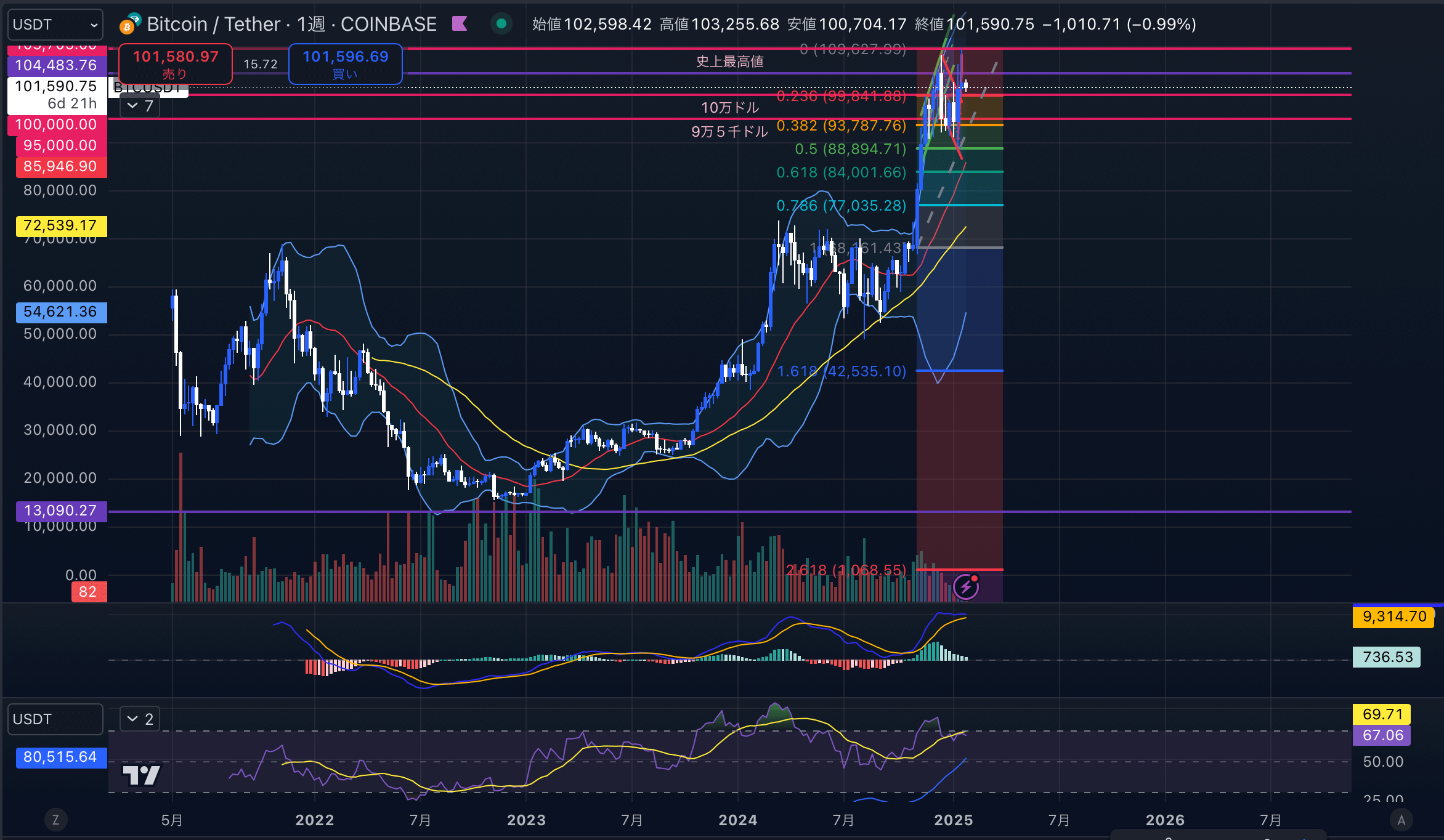 ビットコイン（BTC USD）週足チャート分析 2025年1月27日