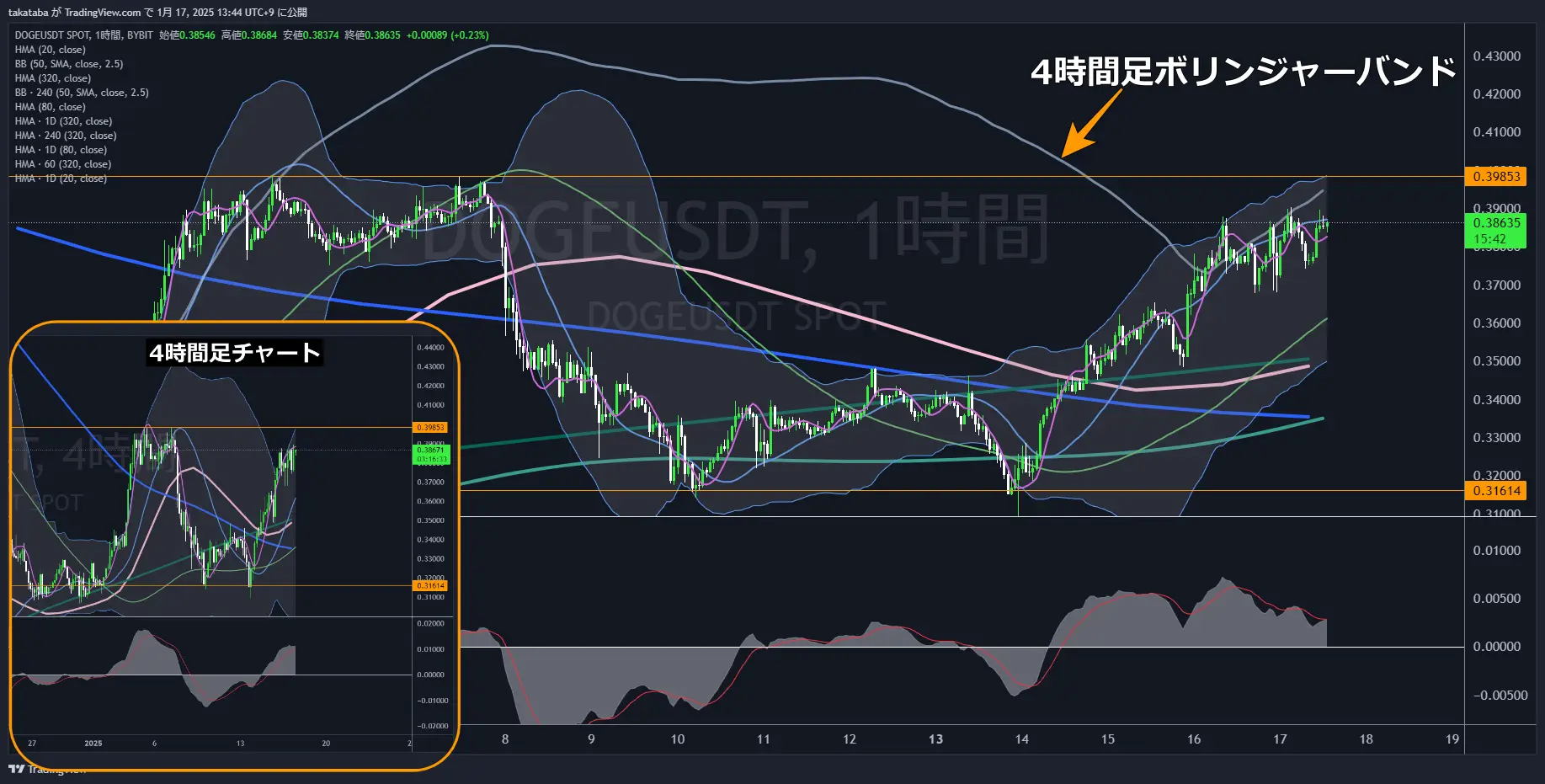 ドージコイン（DOGE）-1時間足チャート分析2025年1月17日
1時間レベルでの上昇の勢いは減少
