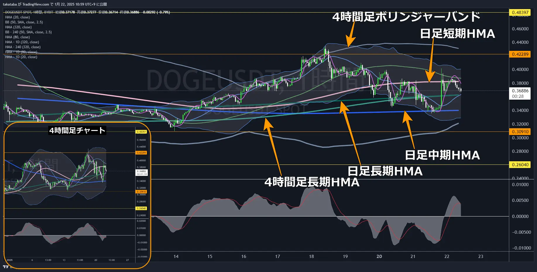 ドージコイン（DOGE）-1時間足チャート分析2025年1月22日
上昇するも反発、日足HMA突破が今後のポイント
