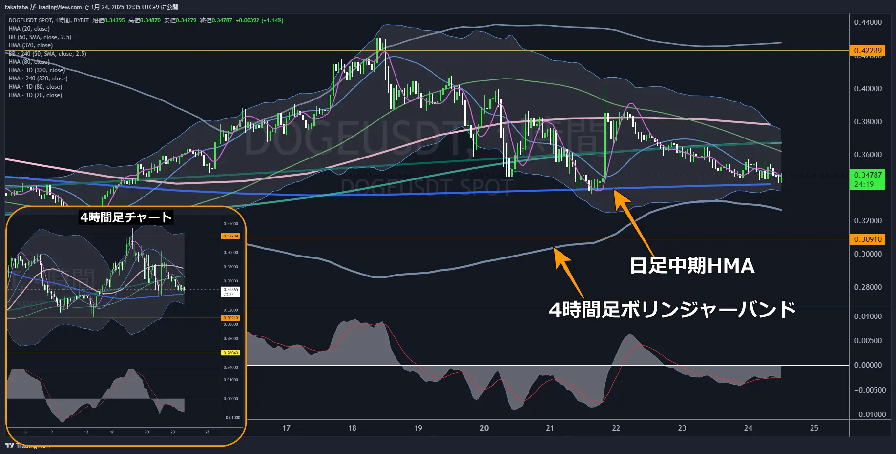 ドージコイン（DOGE）-1時間足チャート分析2025年1月24日
長期的下落リスク高まる、上昇の兆しなし
