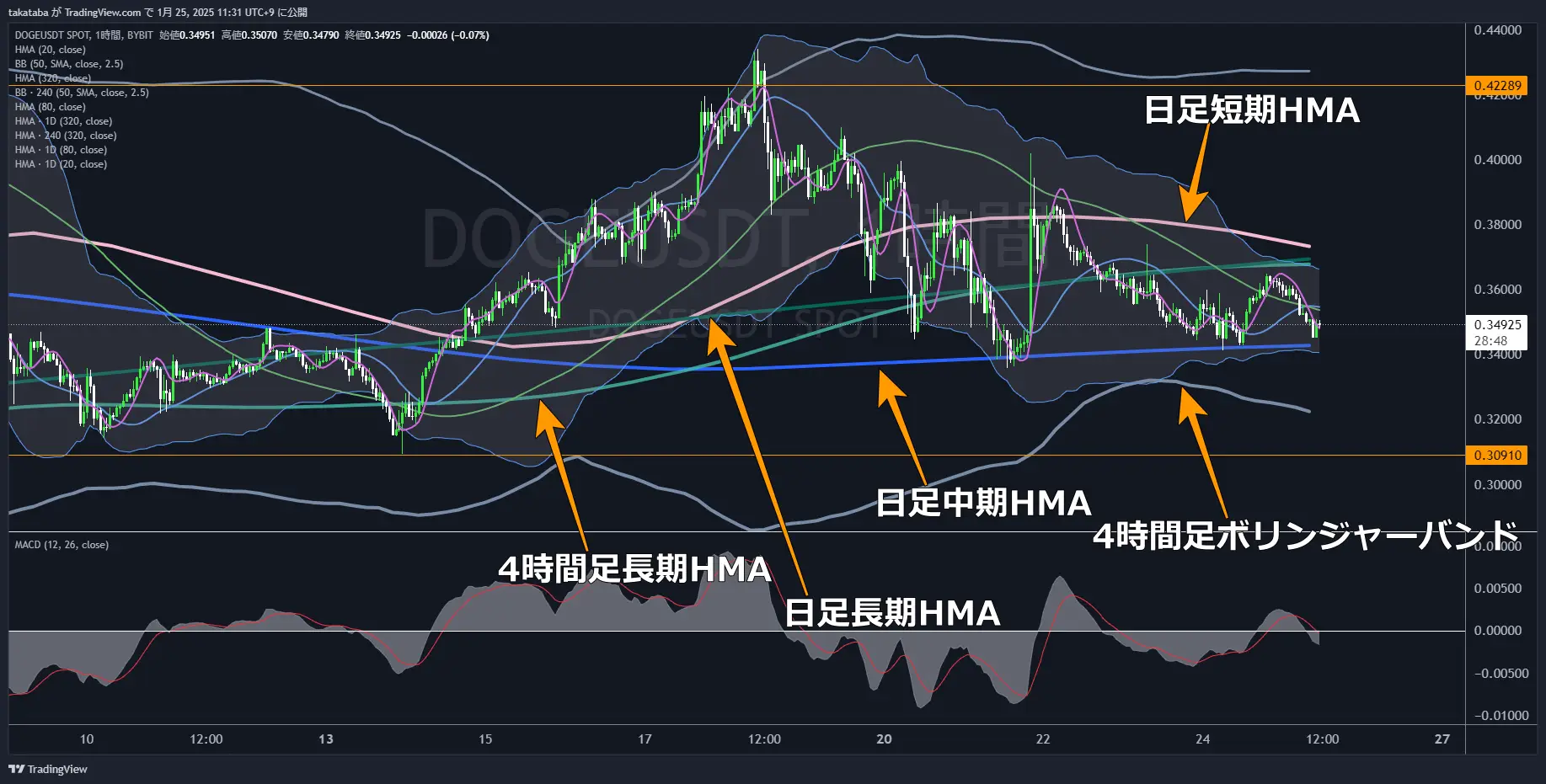 ドージコイン（DOGE）-1時間足チャート分析2025年1月25日
日足HMA突破で今後の方向感が決まる予想
