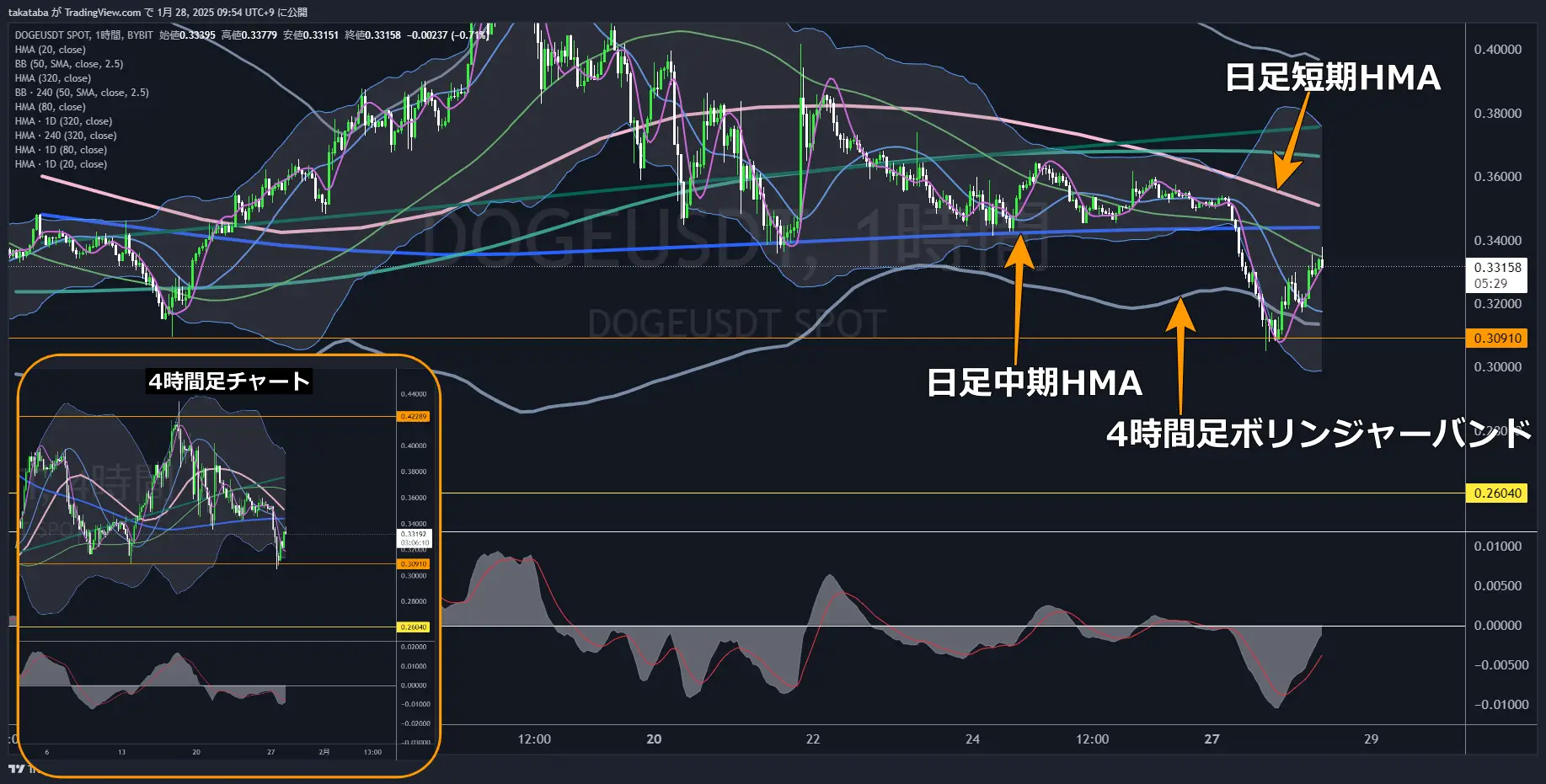 ドージコイン（DOGE）-1時間足チャート分析2025年1月28日
押し目形成に移行、長期的下落開始に警戒
