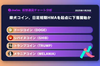 柴犬コイン、日足短期HMAを起点に下落開始か　ミームコインチャート分析：ドージコイン（DOGE）、柴犬コイン（SHIB）トランプコイン（TRUMP）、メラニアコイン（MELANIA）2025-01-29