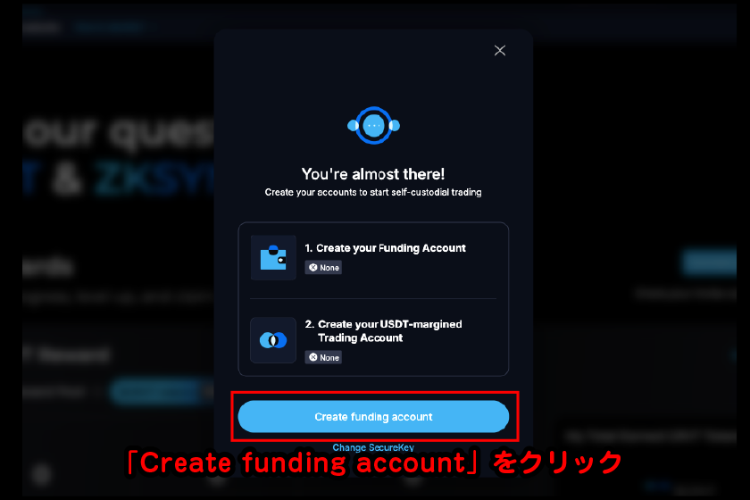 「Create funding account」をクリック。