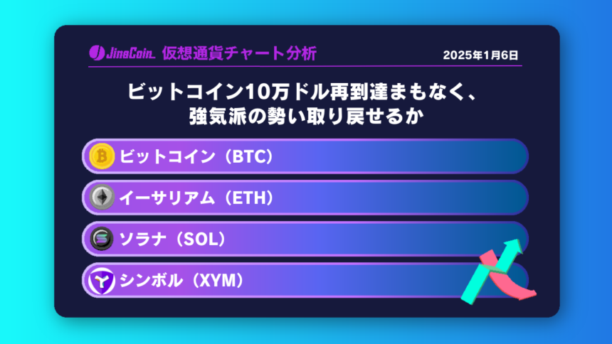 ビットコイン（BTC）、イーサリアム（ETH）、ソラナ（SOL）、シンボル（XYM）仮想通貨チャート分析　2025年1月6日