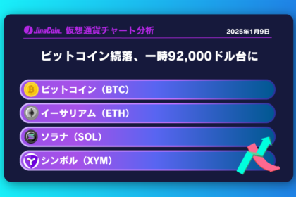 ビットコイン（BTC）、イーサリアム（ETH）、ソラナ（SOL）、シンボル（XYM）仮想通貨チャート分析　2025年1月9日