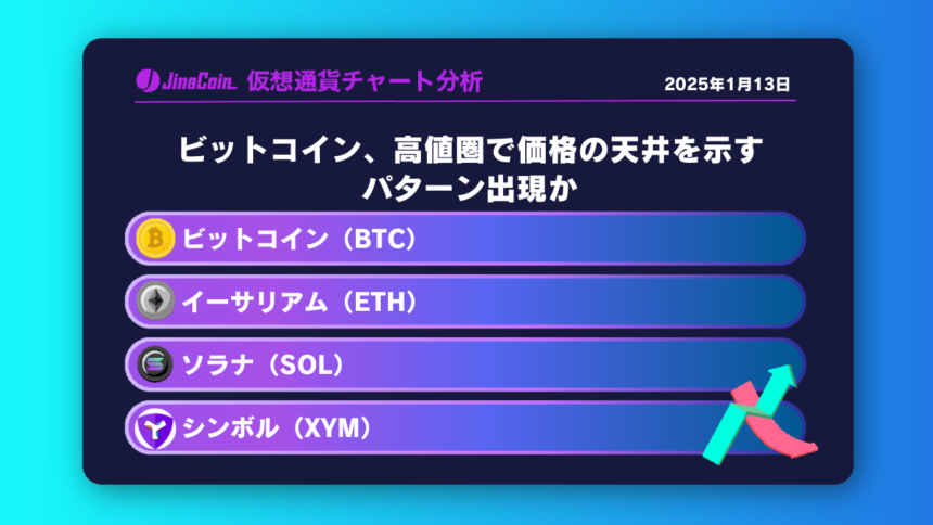 ビットコイン（BTC）、イーサリアム（ETH）、ソラナ（SOL）、シンボル（XYM）仮想通貨チャート分析　2025年1月13日