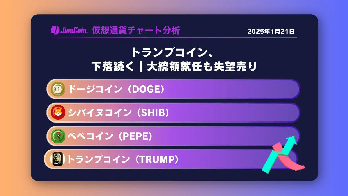 トランプコイン、 下落続く｜大統領就任も失望売り　ミームコインチャート分析：トランプ（TRUMP）、ドージコイン（DOGE）、柴犬コイン（SHIB）、ペペコイン（PEPE）2025-01-21