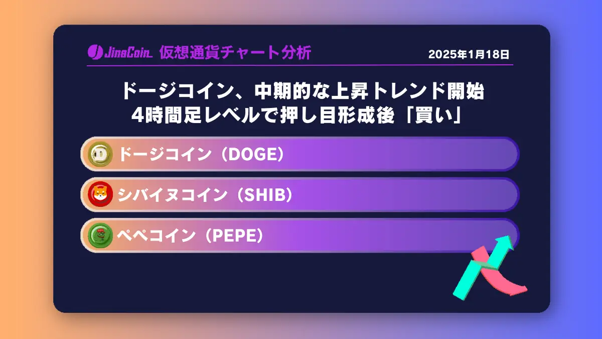 ドージコイン、中期的な上昇トレンド開始、4時間足レベルで押し目形成後「買い」 ミームコインチャート分析：ドージコイン（DOGE）、柴犬コイン（SHIB）、ペペコイン（PEPE）2025-01-18