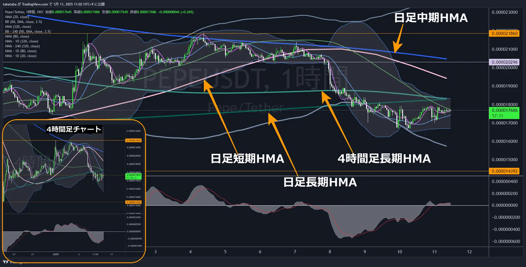 ぺぺコイン（PEPE）-1時間足チャート分析2025年1月11日
短期的な下落の勢いはないが、価格動向に注意が必要
