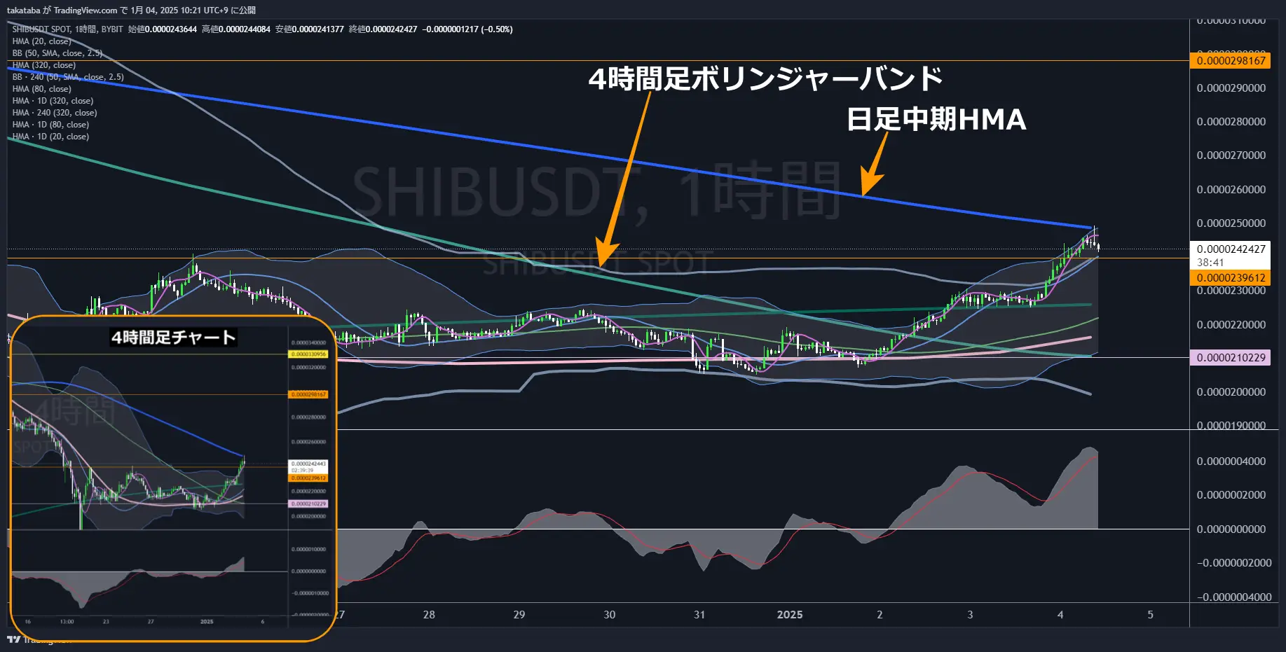 柴犬コイン（SHIB）-1時間足チャート分析2025年1月4日
上昇への転換なるか、値動きに注目