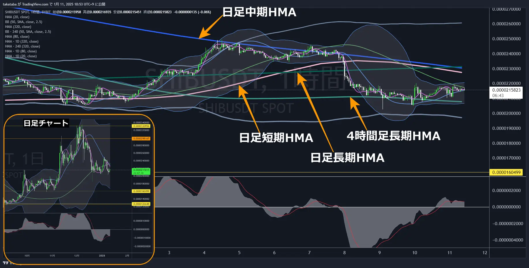 柴犬コイン（SHIB）-1時間足チャート分析2025年1月11日
下落条件成立、下降トレンド開始の可能性大
