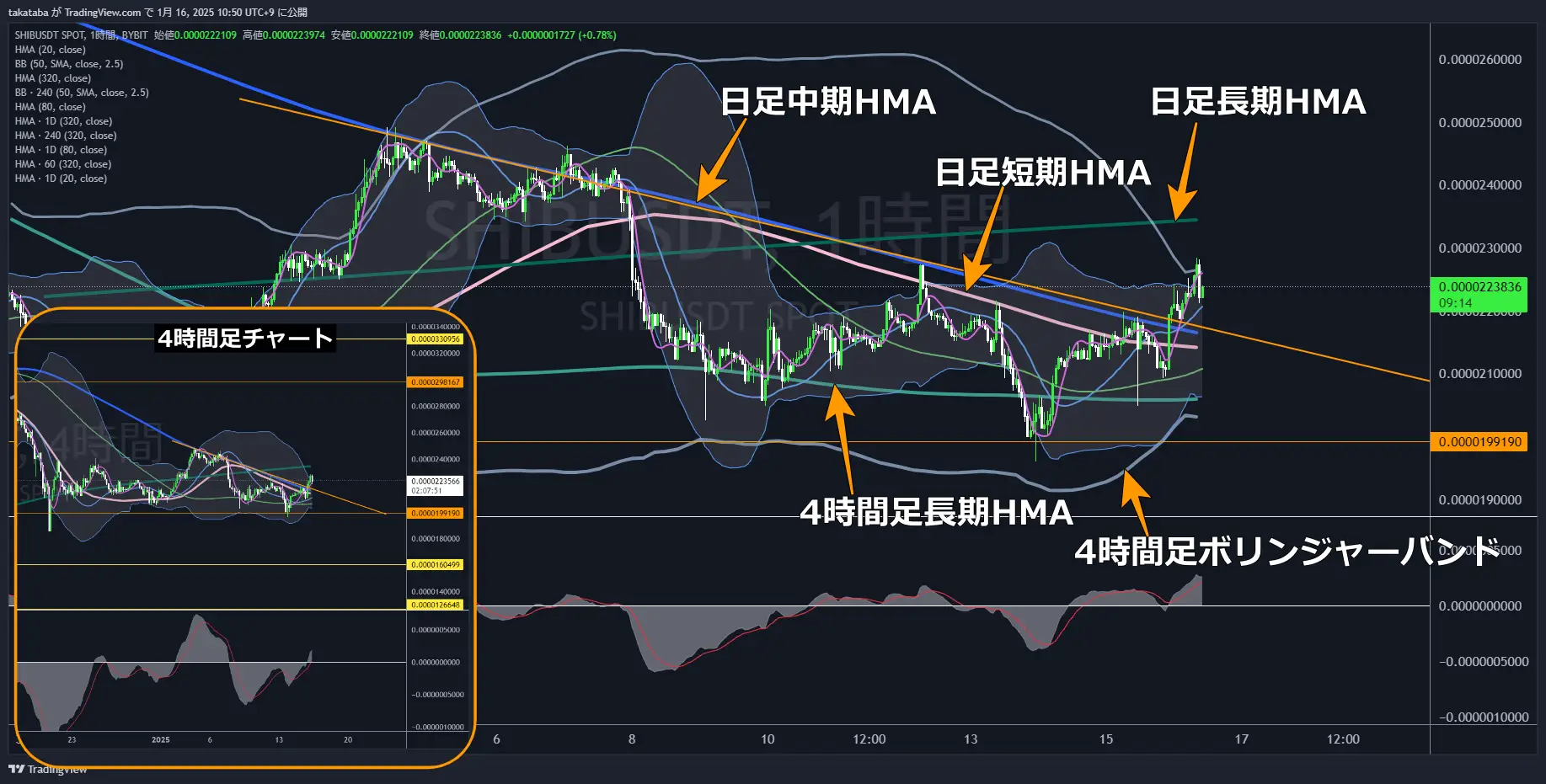 柴犬コイン（SHIB）-1時間足チャート分析2025年1月16日
今後は重要指標付近での値動きに注目
