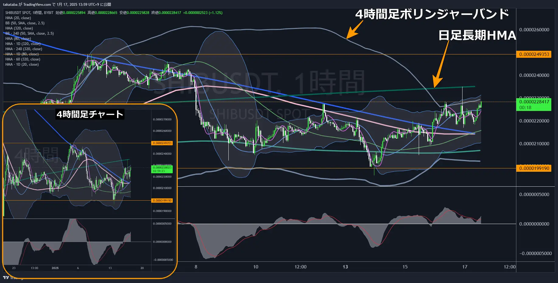 柴犬コイン（SHIB）-1時間足チャート分析2025年1月17日
長期的「買い」相場は高値突破後

