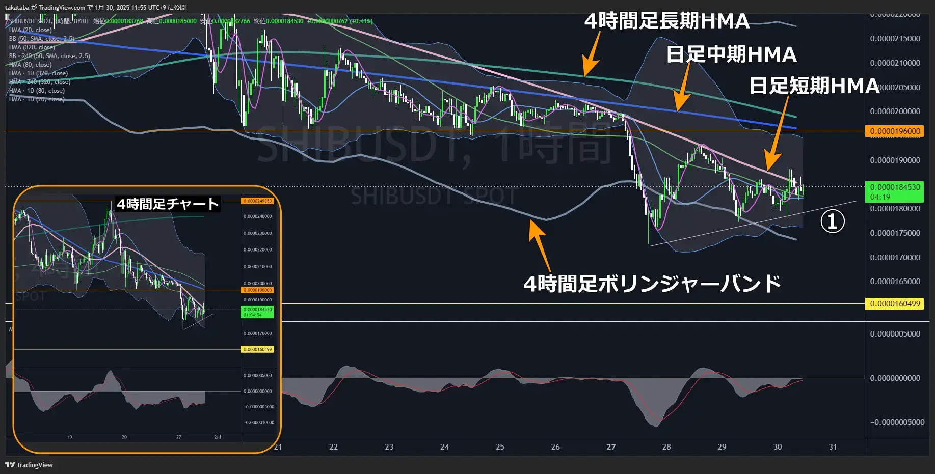 柴犬コイン（SHIB）-1時間足チャート分析2025年1月30日
「弱気相場」だが中期のレンジに移行すると分析
