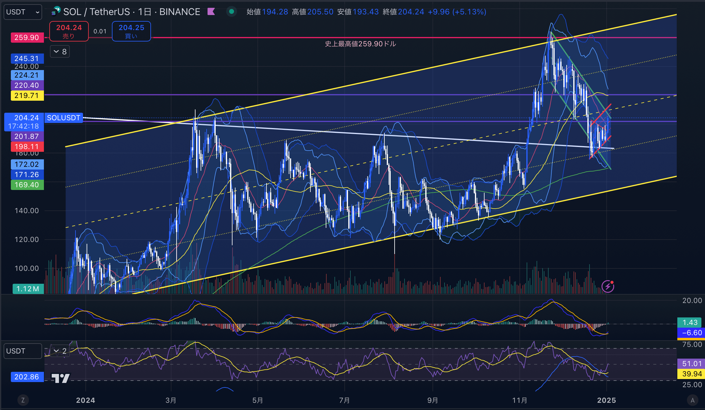 ソラナ（SOL USD）　日足チャート分析 202５年1月2日