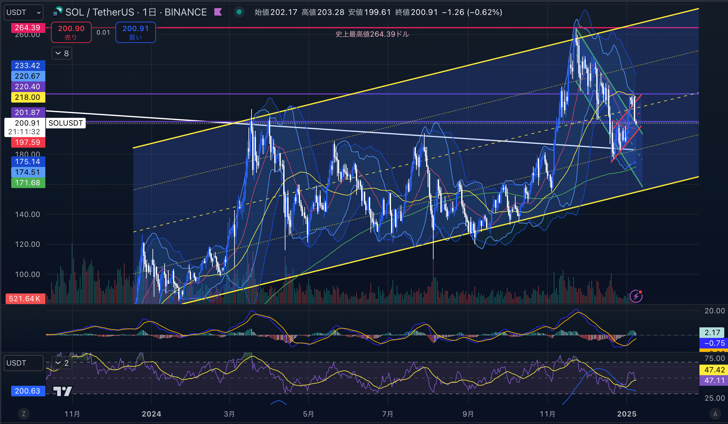 ソラナ(SOL USD)　日足チャート分析 2025年1月8日