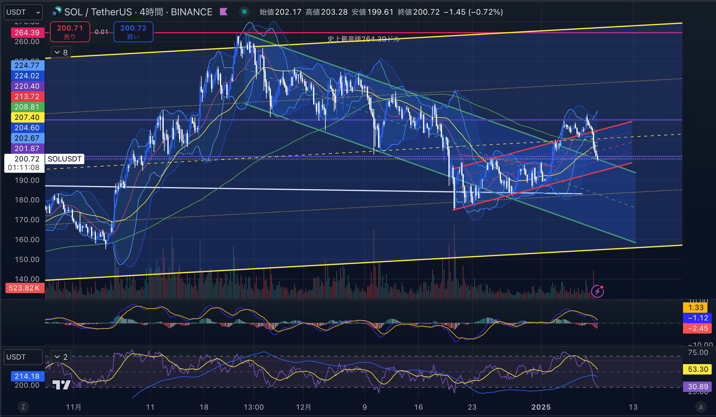 ソラナ(SOL USD)　4時間足チャート分析 2025年1月8日