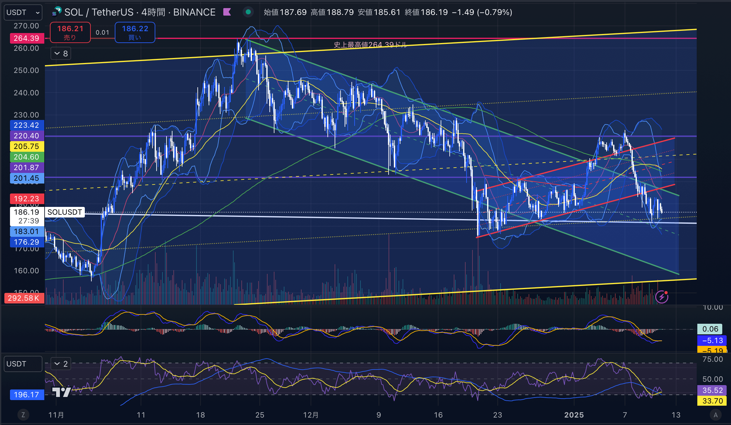 ソラナ(SOL USD)　4時間足チャート分析 2025年1月11日