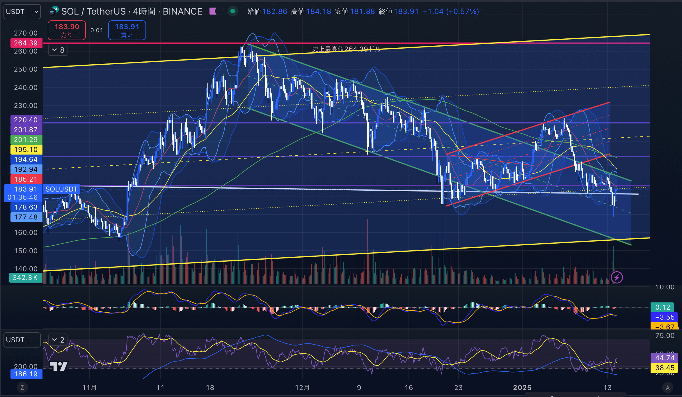 ソラナ(SOL USD)　4時間足チャート分析 2025年1月14日