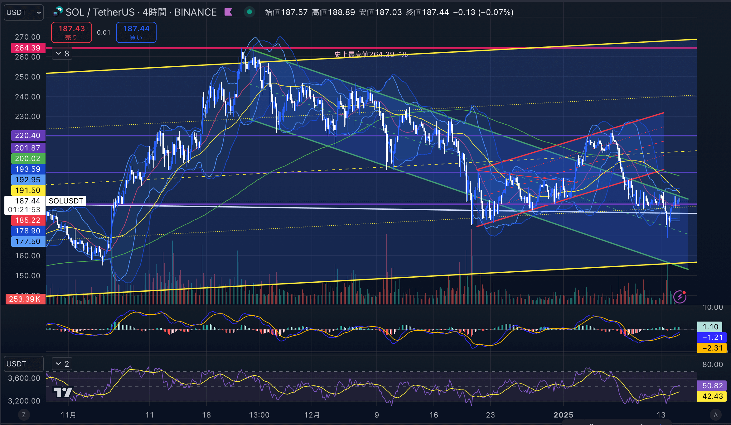 ソラナ(SOL USD)　4時間足チャート分析 2025年1月15日