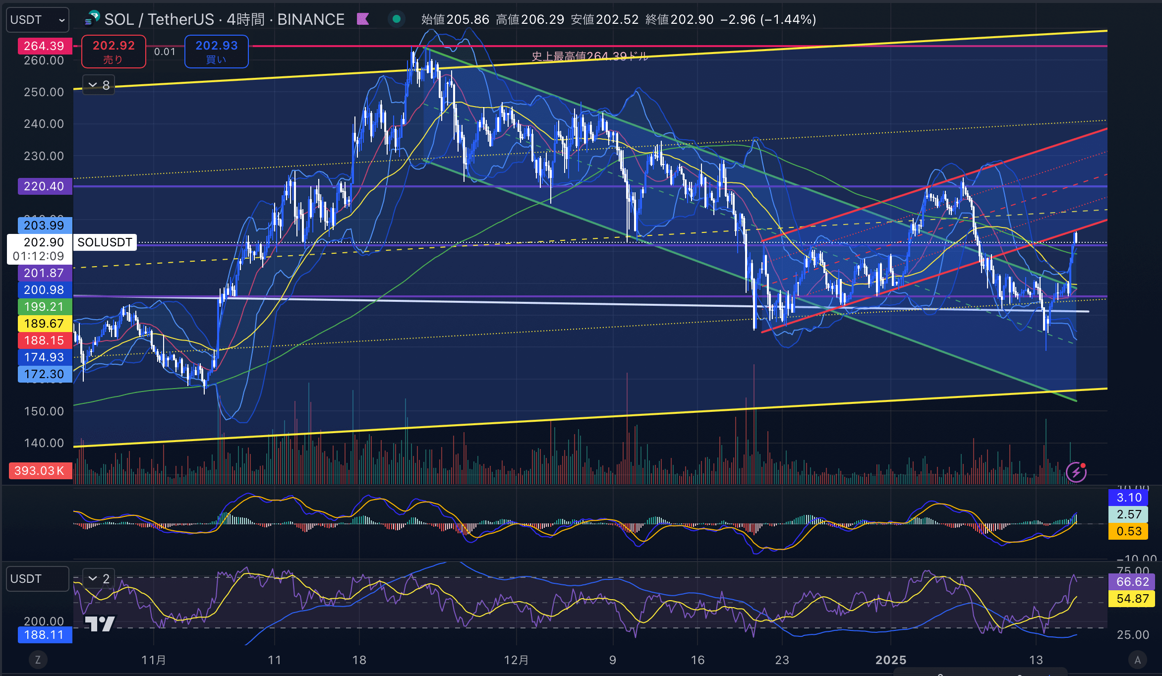 ソラナ(SOL USD)　4時間足チャート分析 2025年1月16日