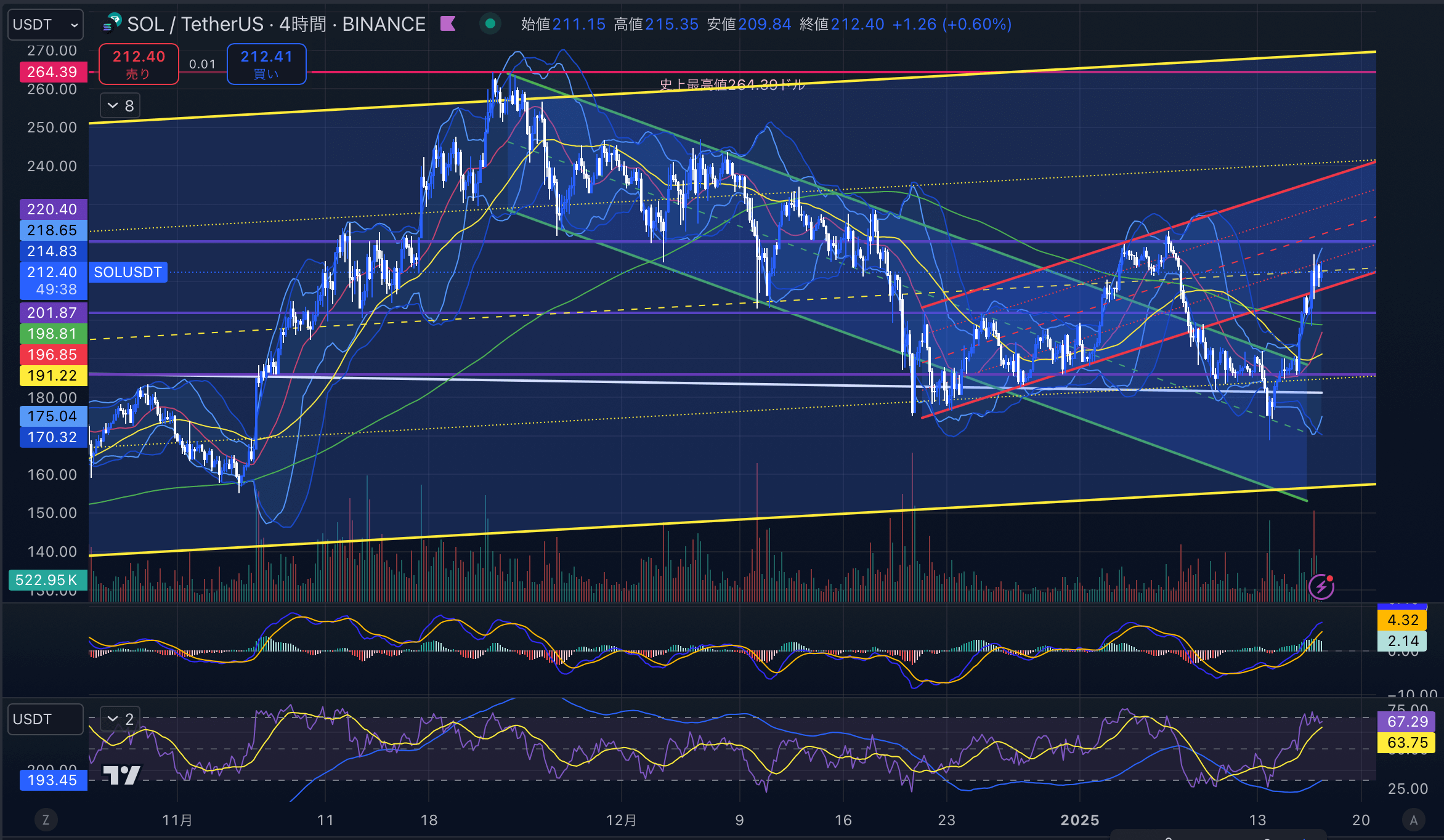 ソラナ(SOL USD)　4時間足チャート分析 2025年1月17日