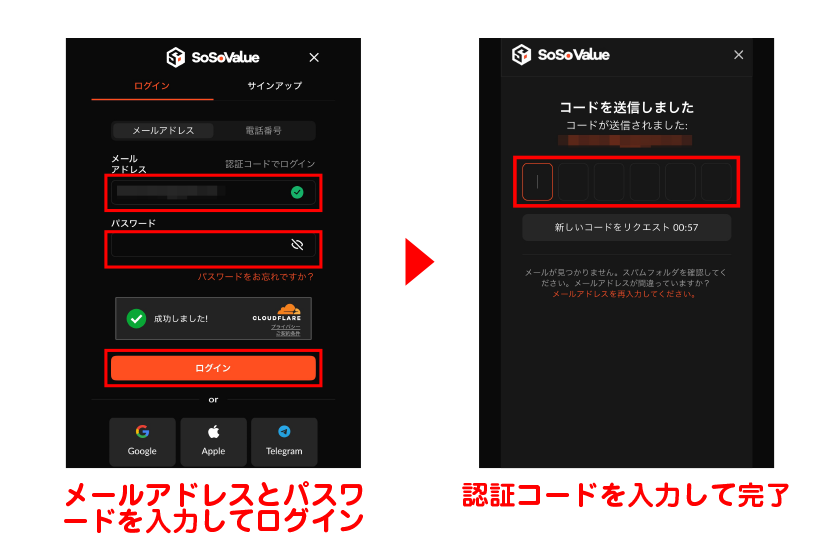 メールアドレスとパスワードを入力して「ログイン」→認証コードを入力して完了