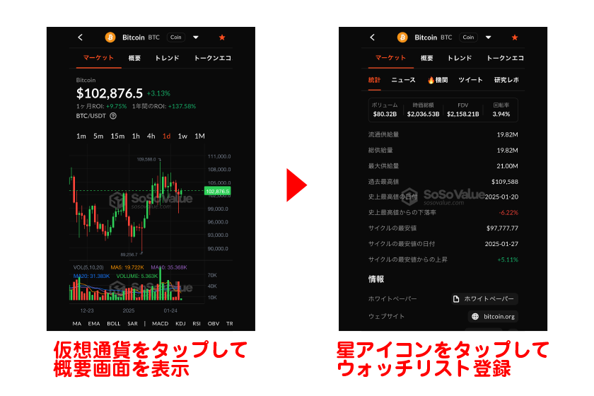 一覧表示された中から仮想通貨をタップすれば、価格チャートや統計情報などを確認できる概要画面が表示されます。