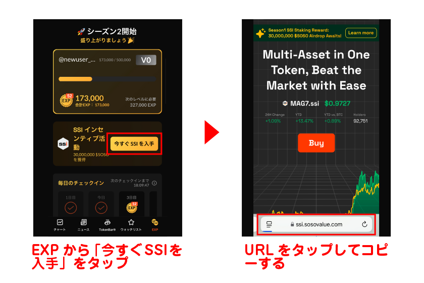 EXPから「今すぐSSIを入手」をタップ→表示された画面のURLをタップしてコピーする