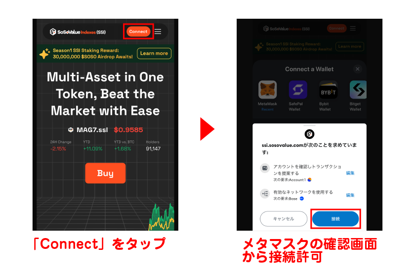 画面上部の「Connect」をタップ→メタマスクの確認画面から接続許可を進める