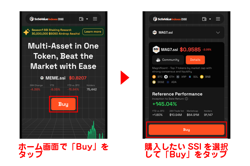 ホーム画面で「Buy」をタップ→購入したいSSIを選択して「Buy」をタップ