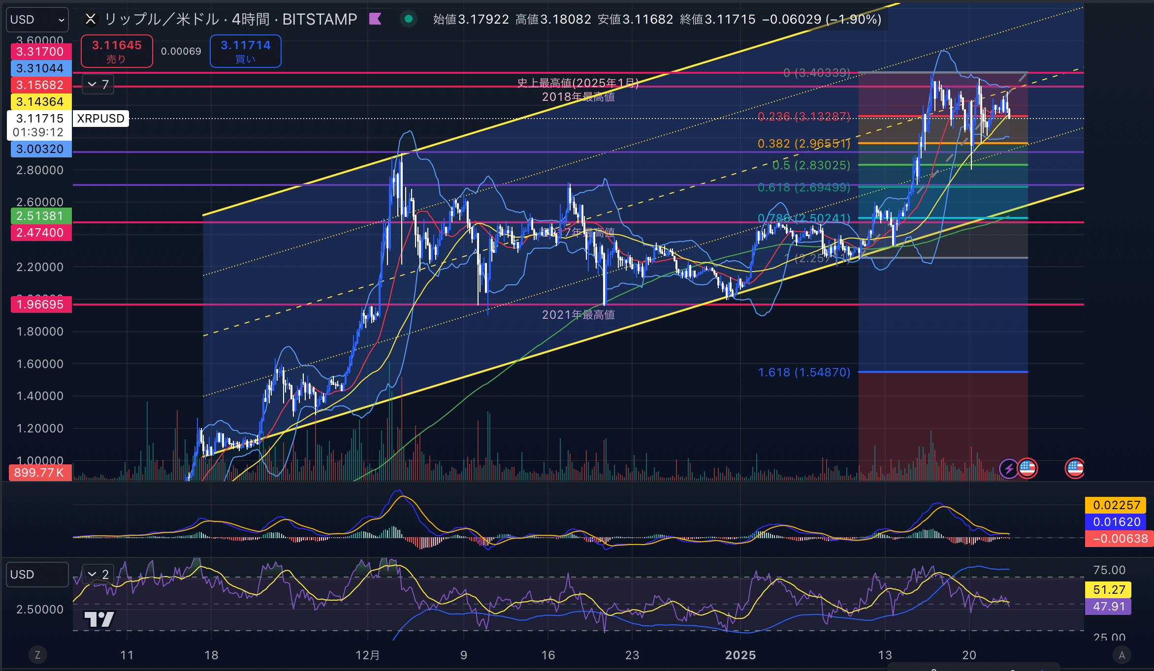 リップル　（XRPUSD）日足チャート分析　2025年1月23日