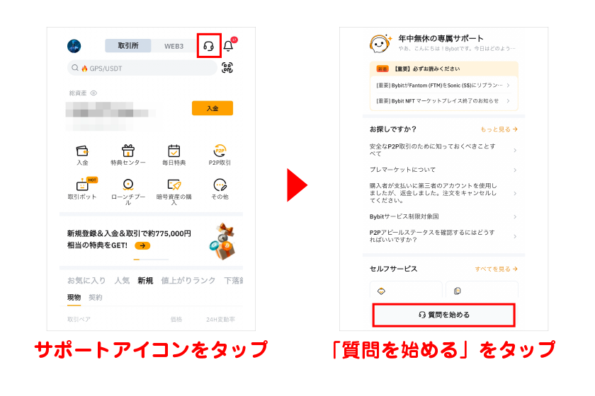 ホーム画面のサポートアイコン→「質問を始める」をタップ