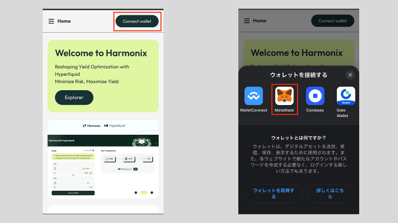 Harmonixエアドロップ戦略01
公式サイトへアクセスしてメタマスクと連携