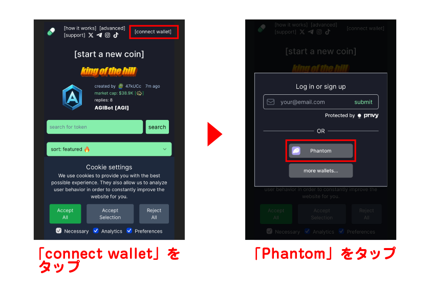 画面上部の「connect wallet」→「Phantom」をタップ