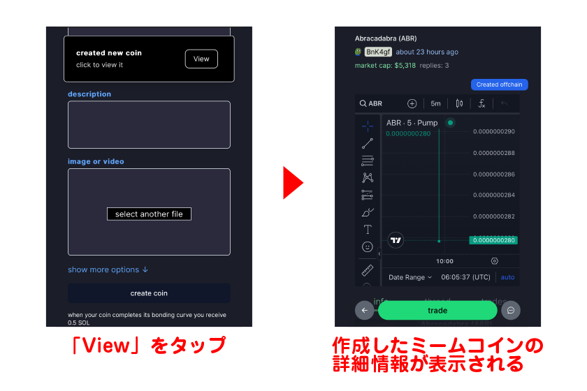 「View」をタップ→作成したミームコインの詳細情報が表示される