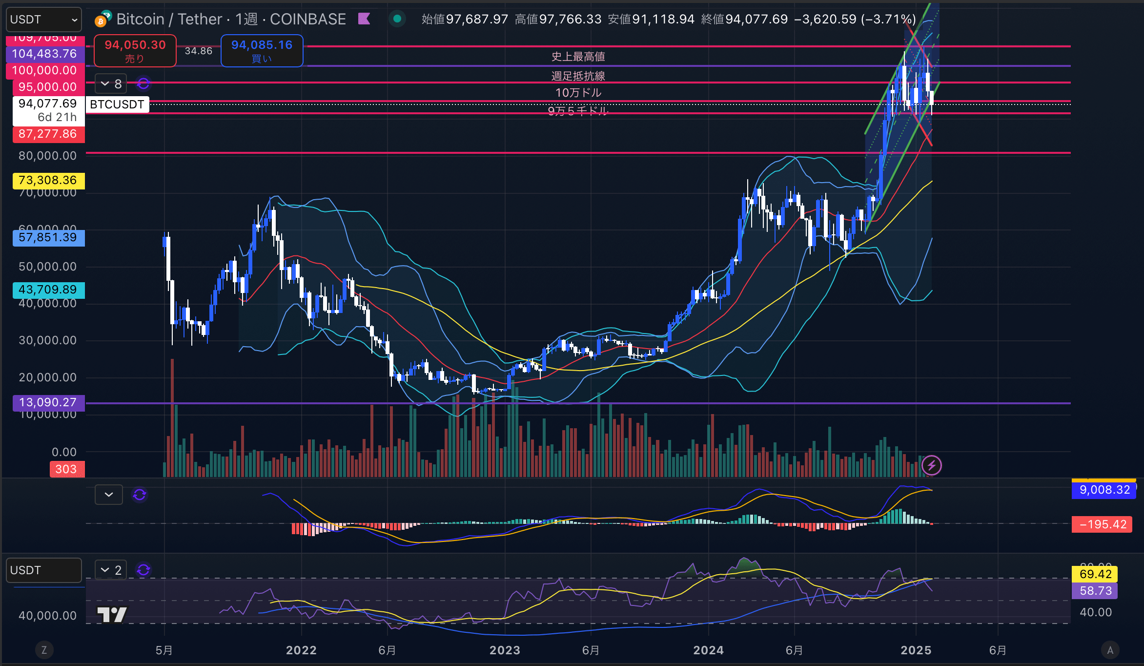 ビットコイン（BTC USD）週足チャート分析 2025年2月3日