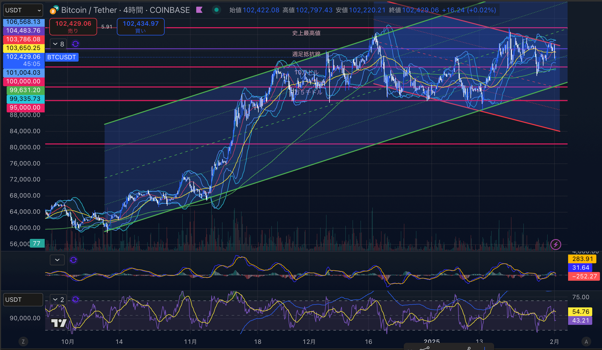 ビットコイン（BTC USD）4時間足チャート分析 2025年2月1日