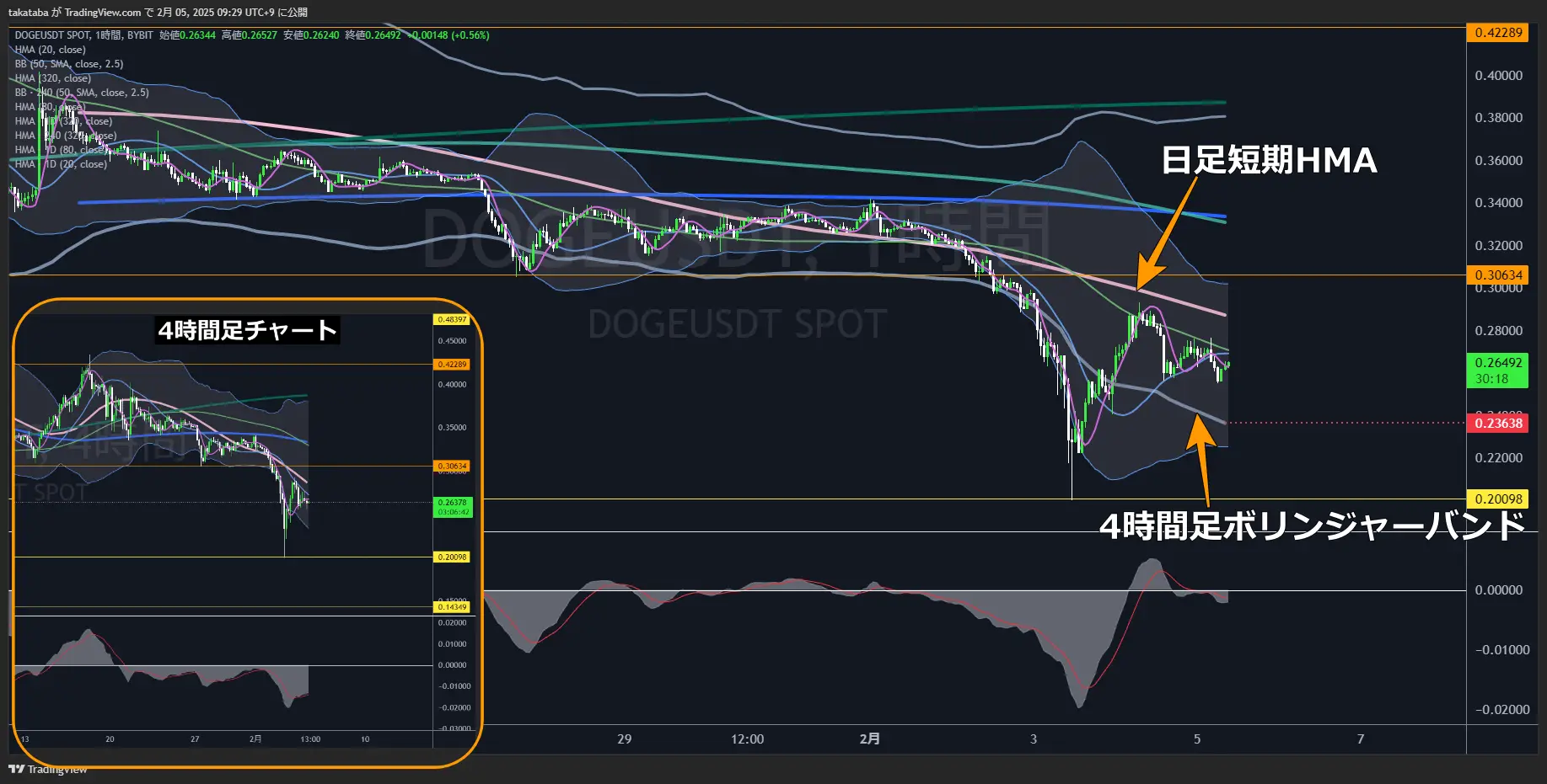 ドージコイン（DOGE）-1時間足チャート分析2025年2月5日
短期的下落の可能性があるが中長期は横ばい相場の可能性が高い
